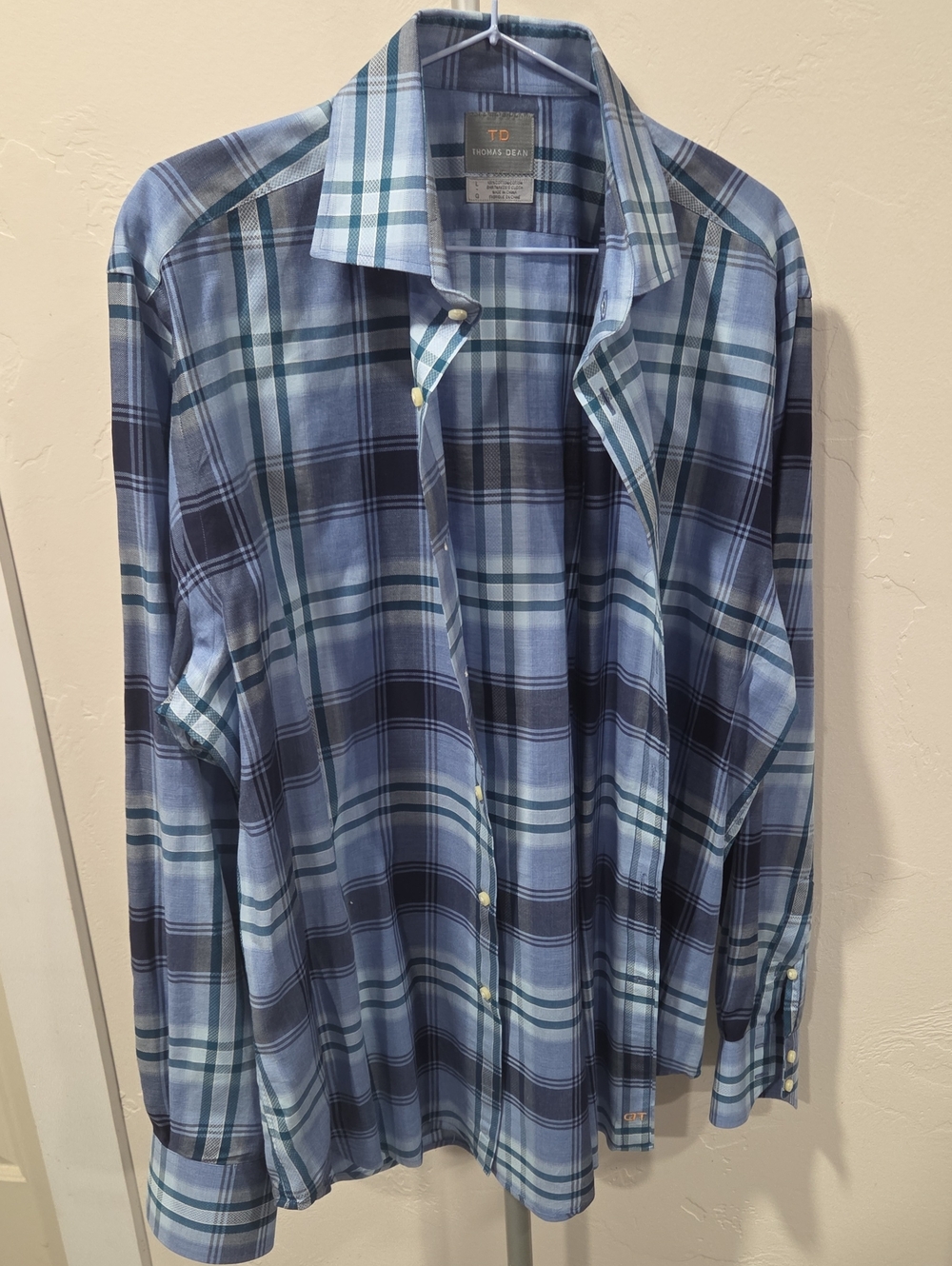 Thomas Dean Light and Navy Blue Plaid Button-Down Shirt